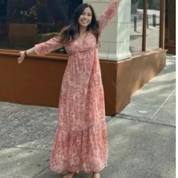 Rachel Zoe Cottage Core Pink Floral Tiered Maxi Gauze - Picture 2 of 5